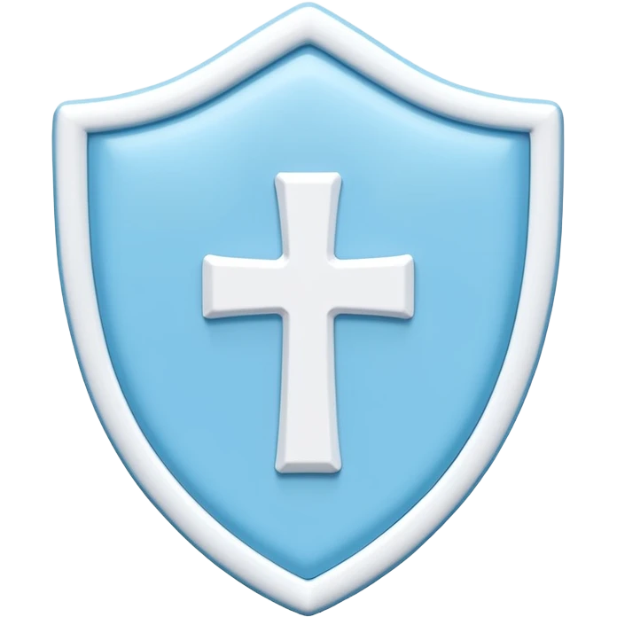 A cute 3D render icon of a protective shield. Rounded edges, plump, glossy plastic material. Sky blue and white color palette. A subtle, soft white cross or heart symbol embossed in the center. Clean studio lighting, soft shadows. Isolated on a light pastel background. Minimalist design. emoji