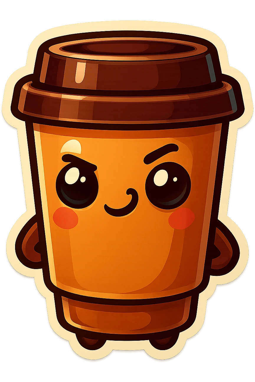 Tall coffee cup, mischievous eyes, pondering emoji