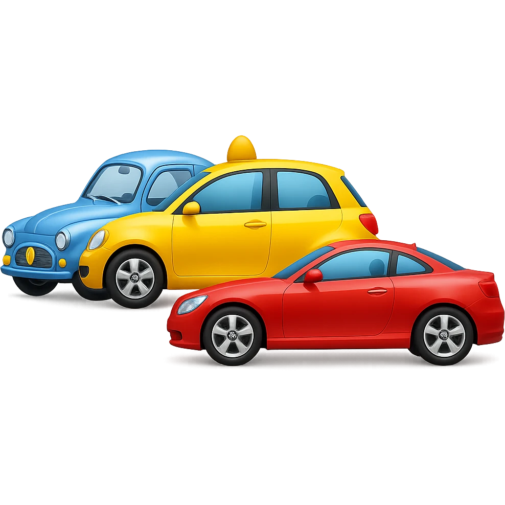 Combine the three cars (red, blue, yellow) into one emoji, all side by side, in the style of apple emojis, with no background. emoji