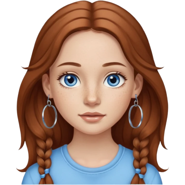pretty girl with freckles, blue eyes, long brown hair, long eyelashes, and 3 hoop earrings per ear emoji