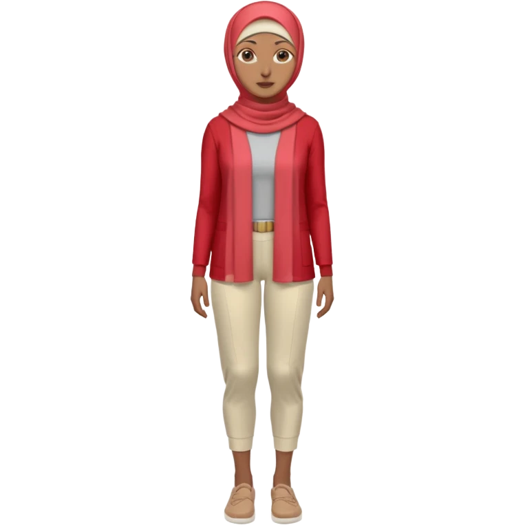 woman with medium-brown skin wearing a light red hijab, cream top, light red pants, tan shoes, and a visible gray below-knee hook-shaped prosthetic leg. Standing confidently with one hand on her hip emoji