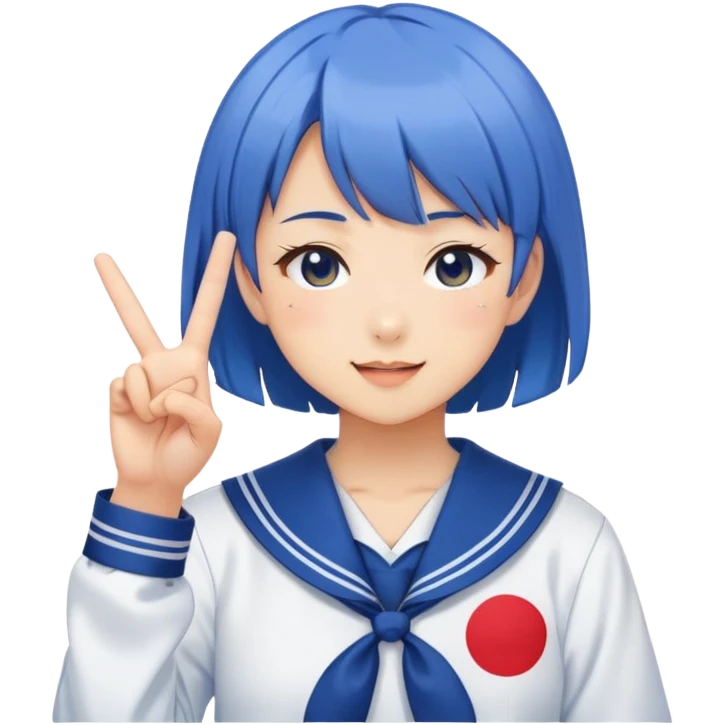 Energetic anime girl with short blue hair wearing Japanese sailor style school uniform, winking and making peace sign, kawaii style emoji