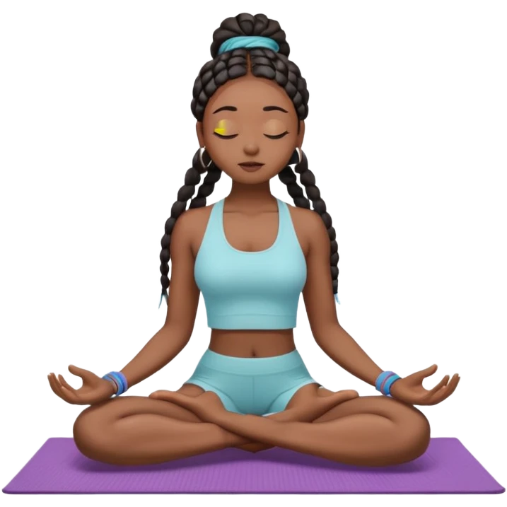 A dark-skinned Black woman with long box braids, sitting cross-legged on a yoga mat, eyes closed, hands on knees, wearing a fitted yoga set. emoji