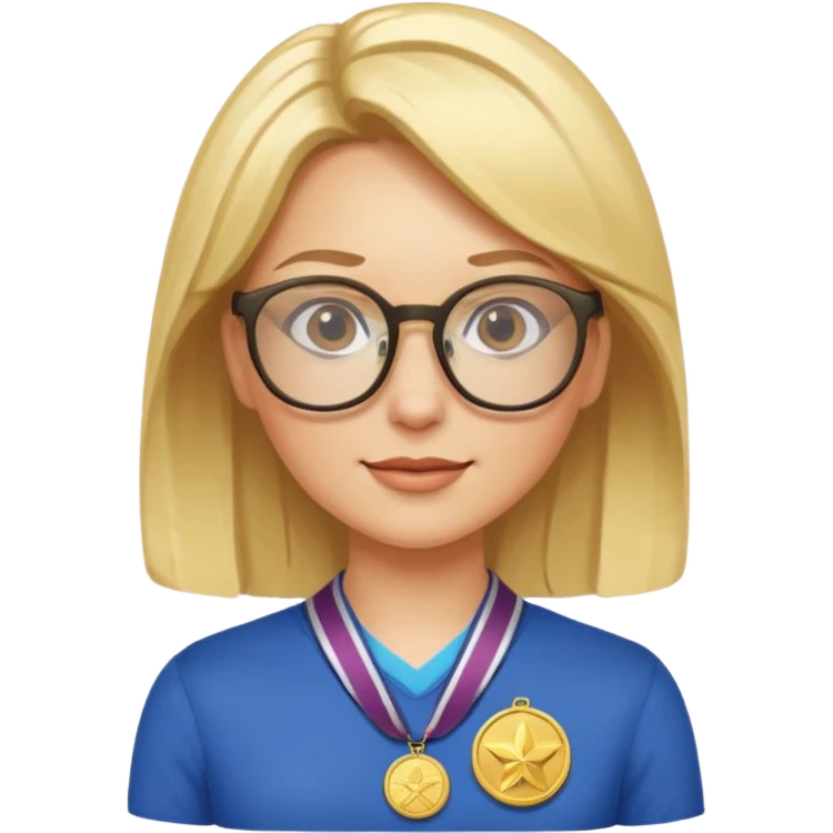Describe a blonde woman wearing glasses with a gold medal emoji