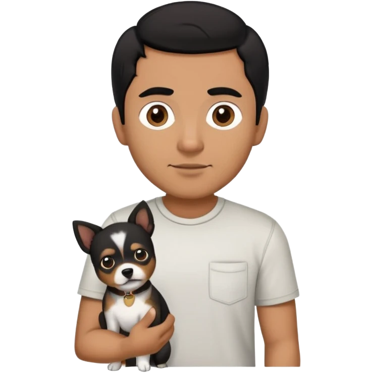 Mexican man with black hair and brown eyes wearing a shirt and black pants, holding a small white dog with one brown ear emoji