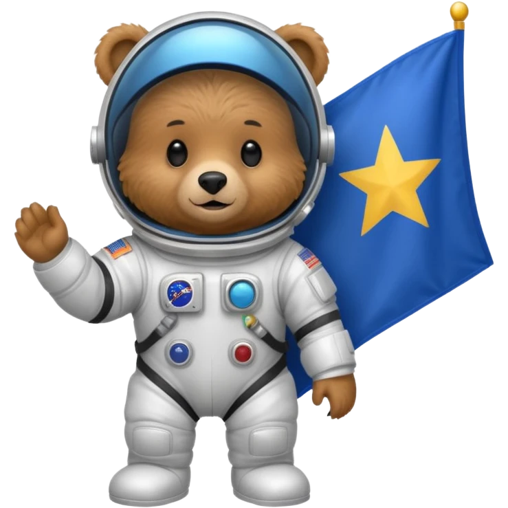 Brown bear in space suit, holding blue rectangle flag emoji