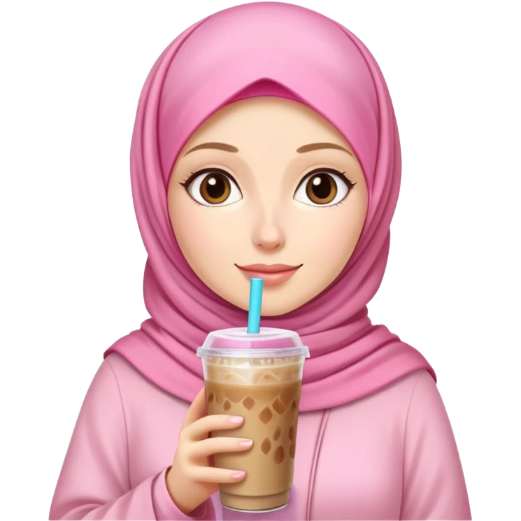 White girl wearing flower pink hijab with iced coffee emoji