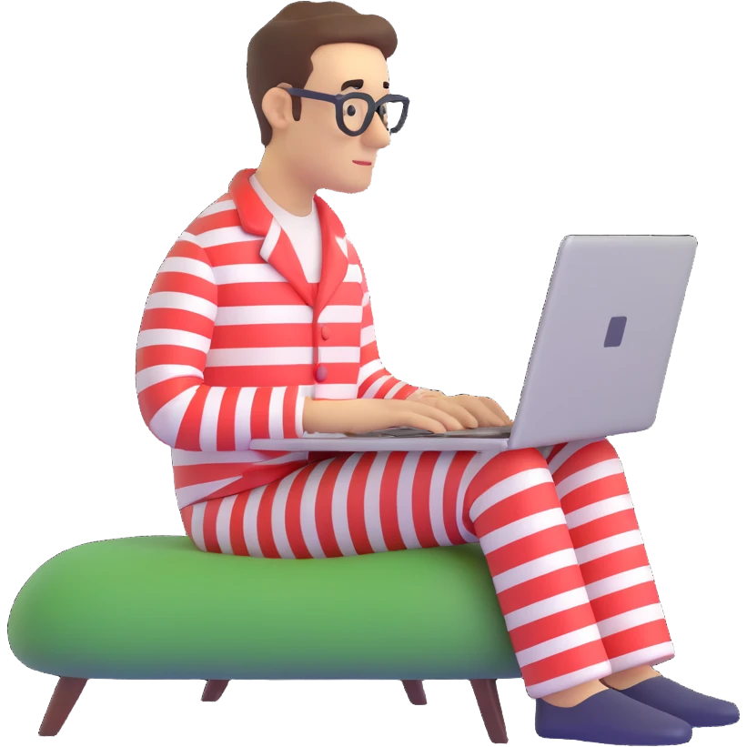 man in striped pajamas typing on a laptop, emoji style emoji