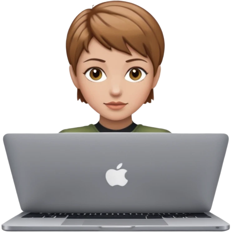macbook pro woman pixie haircut light brown hair hazel eyes emoji