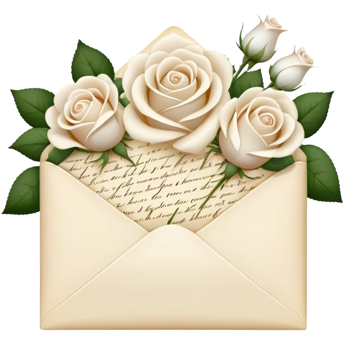 Ivory- beige colored love letter and a bouquet of white and pearl roses  emoji