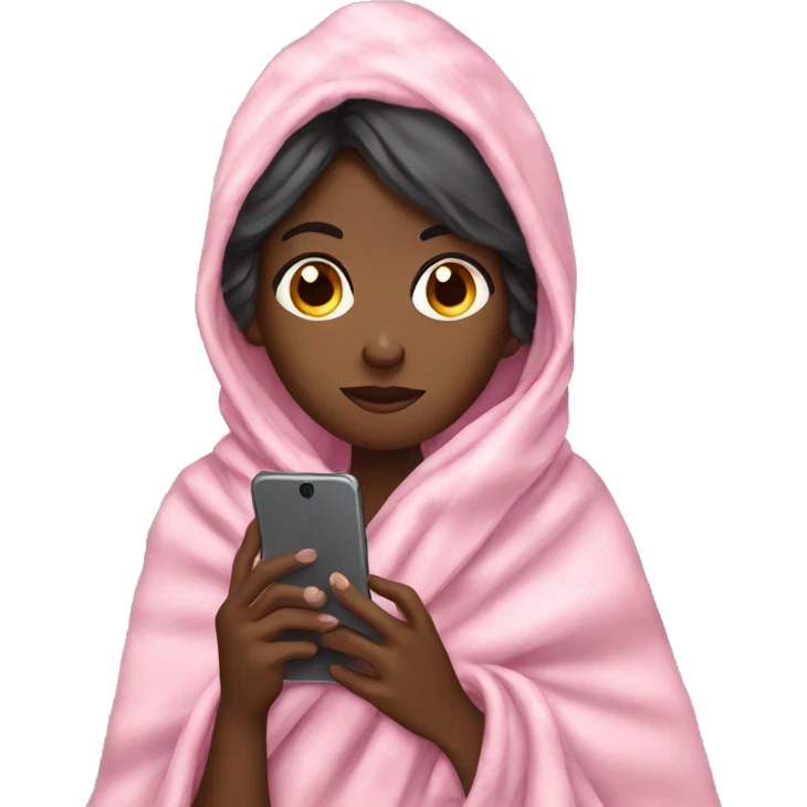 Black girl wrapped in blanket while using phone emoji