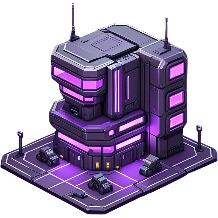 StarCraft-inspired, isometric RTS building with a rugged Terran look: thick metal plating, cyberpunk, neon, purple, rivets, subtle wear, and a gunmetal palette plus one accent color. Add minimal glowing panels for a high-tech feel. Keep it compact—like a forward outpost—and show it from a clean isometric angle, emphasizing an industrial sci-fi style and clear silhouette. emoji