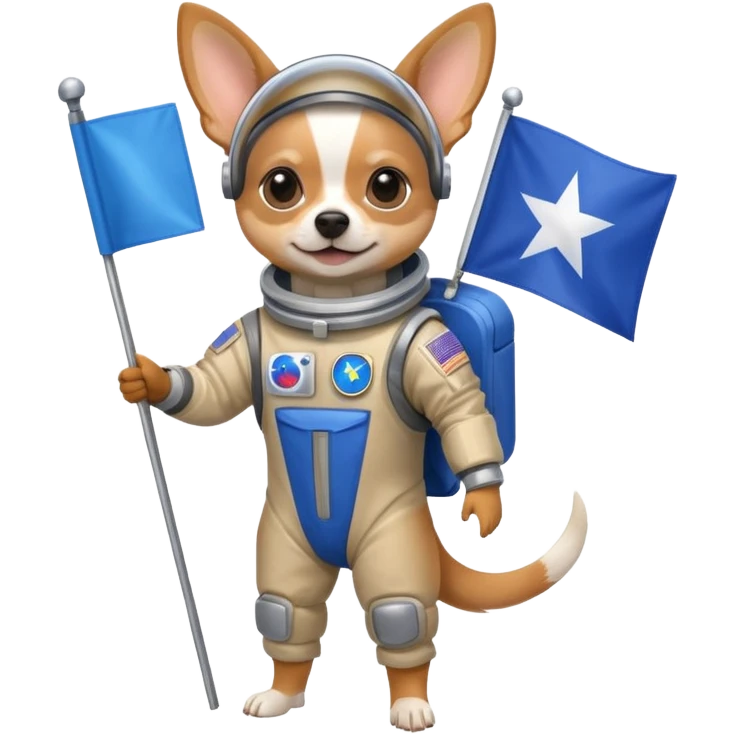 a chihuahua in space suit, holding blue rectangle flag, full body, front view emoji