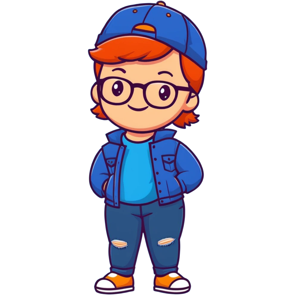 Young person with red hair, glasses, earrings and a wonderful smile, wearing blue clothes, jeans and a cap emoji