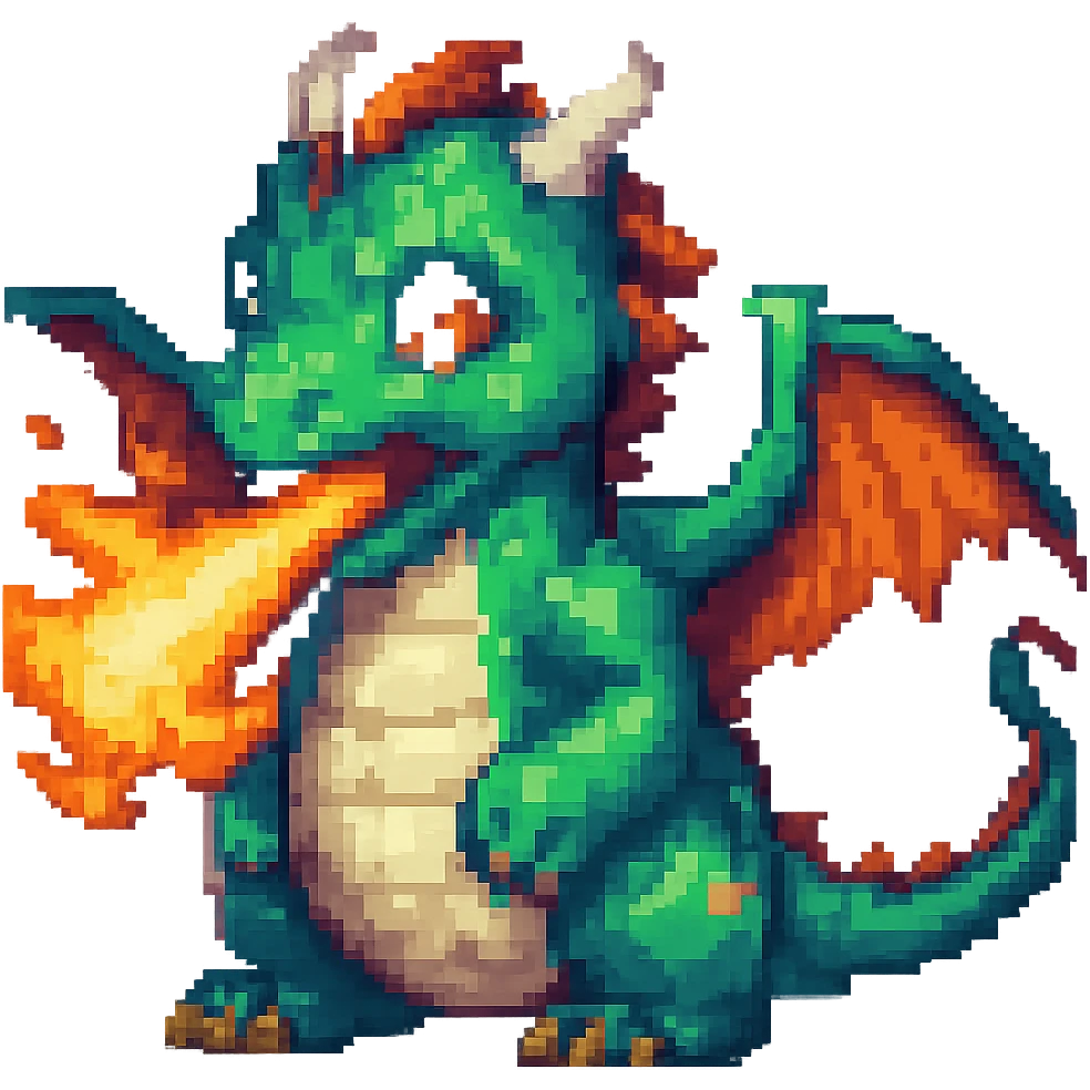 Add fire breath to the cute dragon in pixel art style, no background, keep pixel art aesthetic and details. emoji