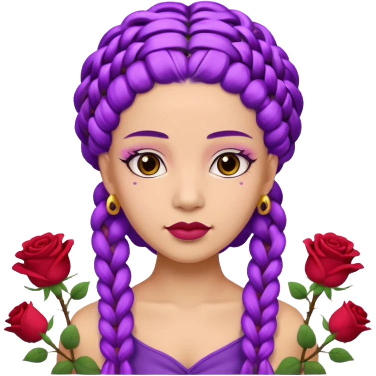 CrownedOlive skin queen with purple braids, brown eyes surrounded by roses emoji