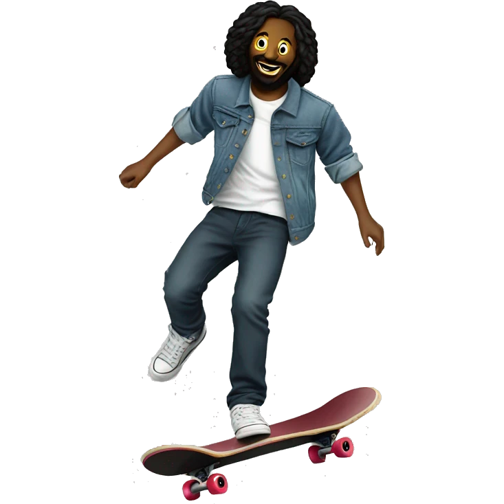 Black Jesus Ollie skateboarding with smiley face T-shirt and a denim jacket  emoji