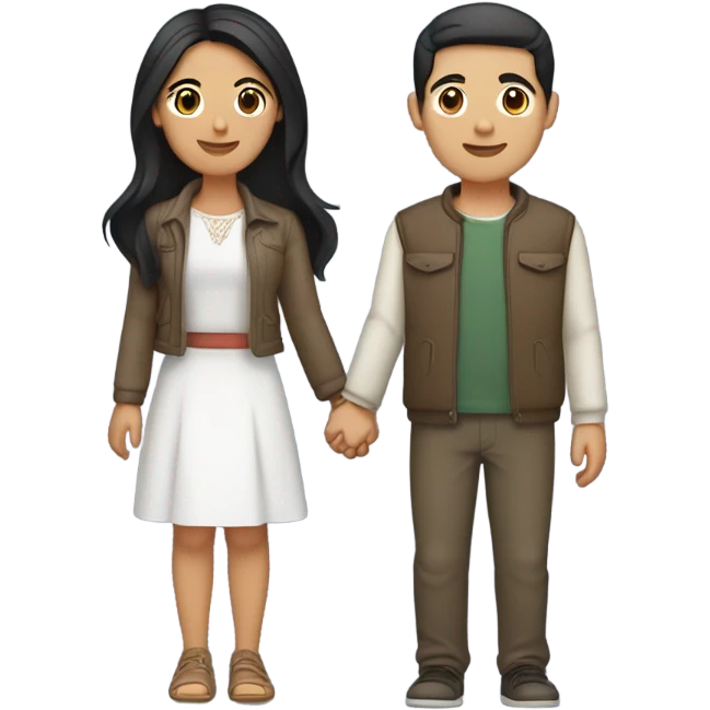 a couple holding hands. the guy has black middle part hair and is Persian and Filipino mix. the girl has brown medium length hair white and asian mix. the girl is where a crop top and the guy is wearing a jacket. emoji