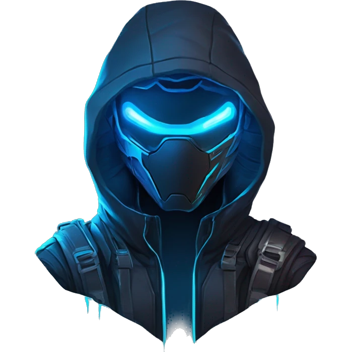 developer behind his laptop with this style : crysis Cyberpunk Valorant neon glowing bright blue character blue black hooded assassin themed character emoji
