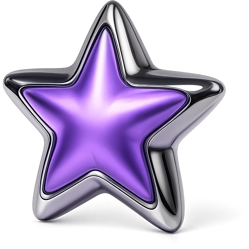 A symmetrical, cartoon-like star with shiny edges, glowing purple emoji