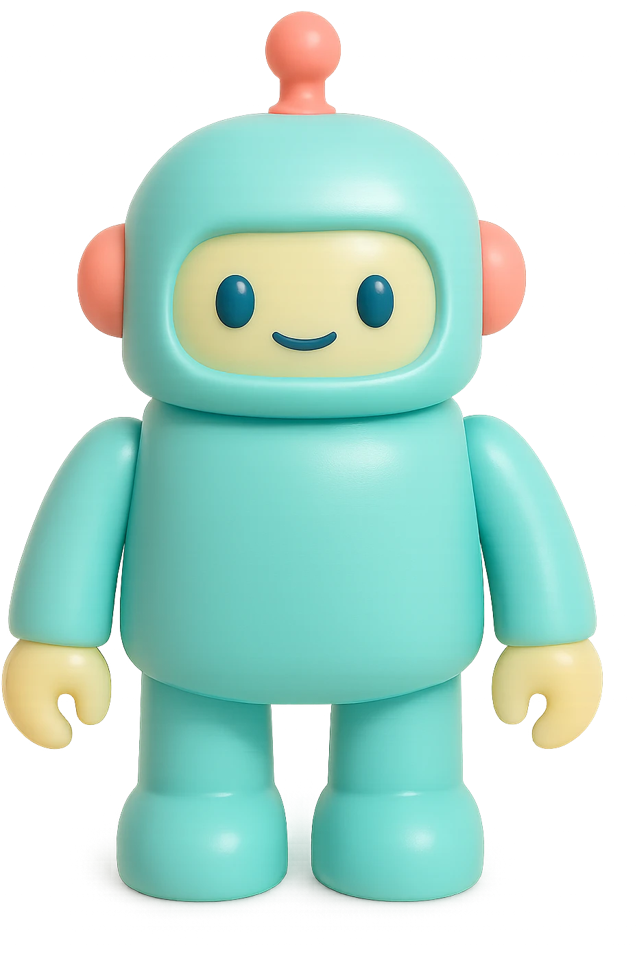 a robot vinyl figure, shiny metallic surface, friendly expression emoji