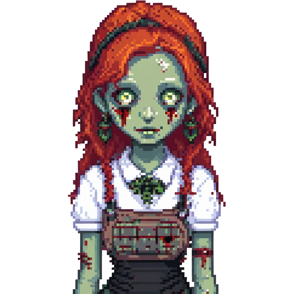 zombie girl with red hair, braces, and nose piercings, pixel art style emoji