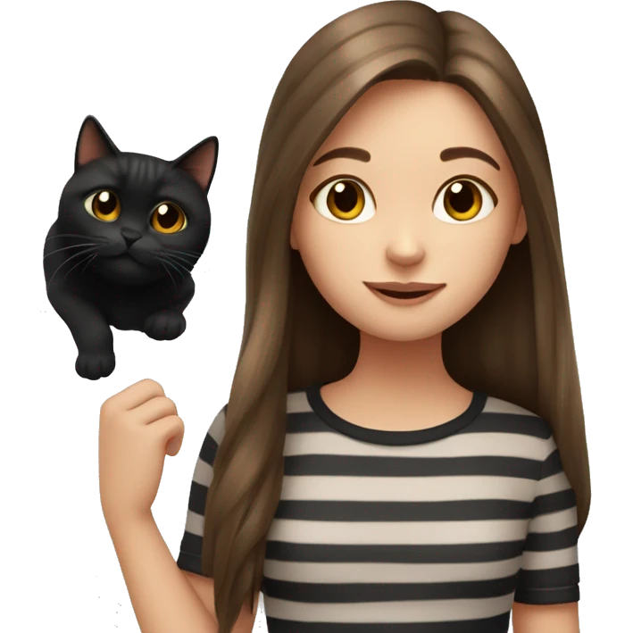 Girl with long brown hair with one black cat and one striped cat  emoji