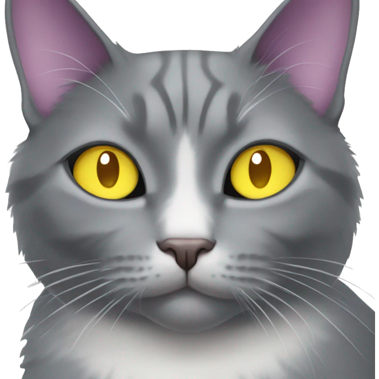 Grey tuxedo cat with one purple eye and one yellow eye emoji