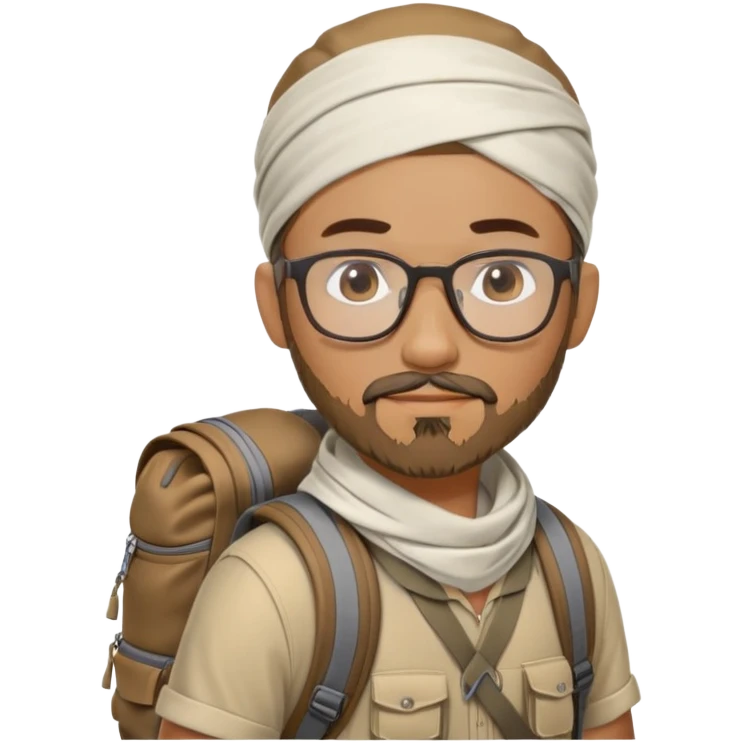 adventurer with goatee beard (no beard on cheeks), short hair, glasses, bandana on head and backpack emoji