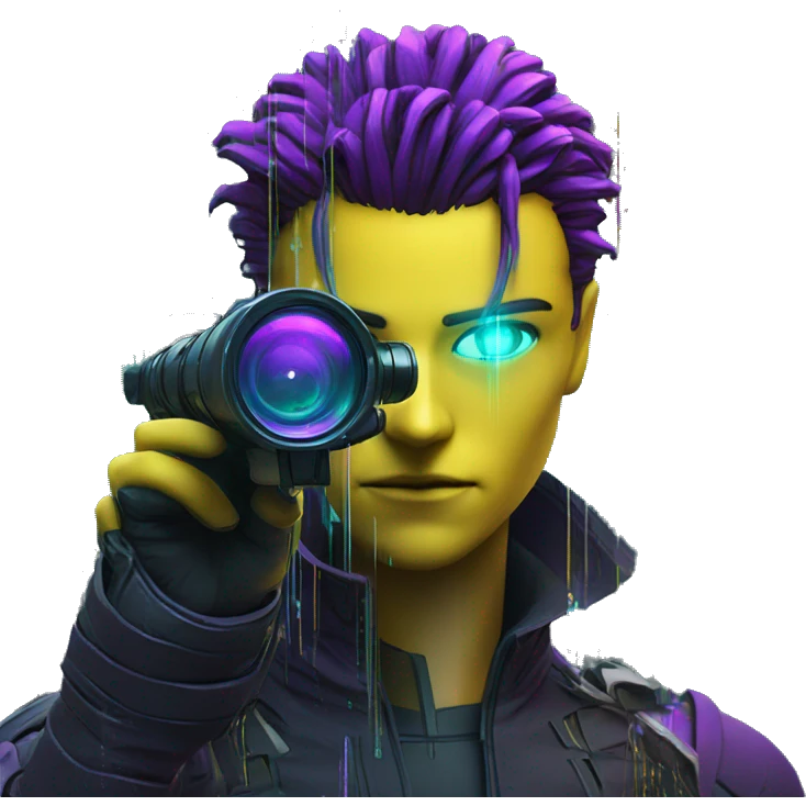 Secret human yellow emoji face agent with  cyberpunk elements with a spyglass scanning looking reviewing multicolor lines of code, cyan and purple colors, only upper body portrait emoji