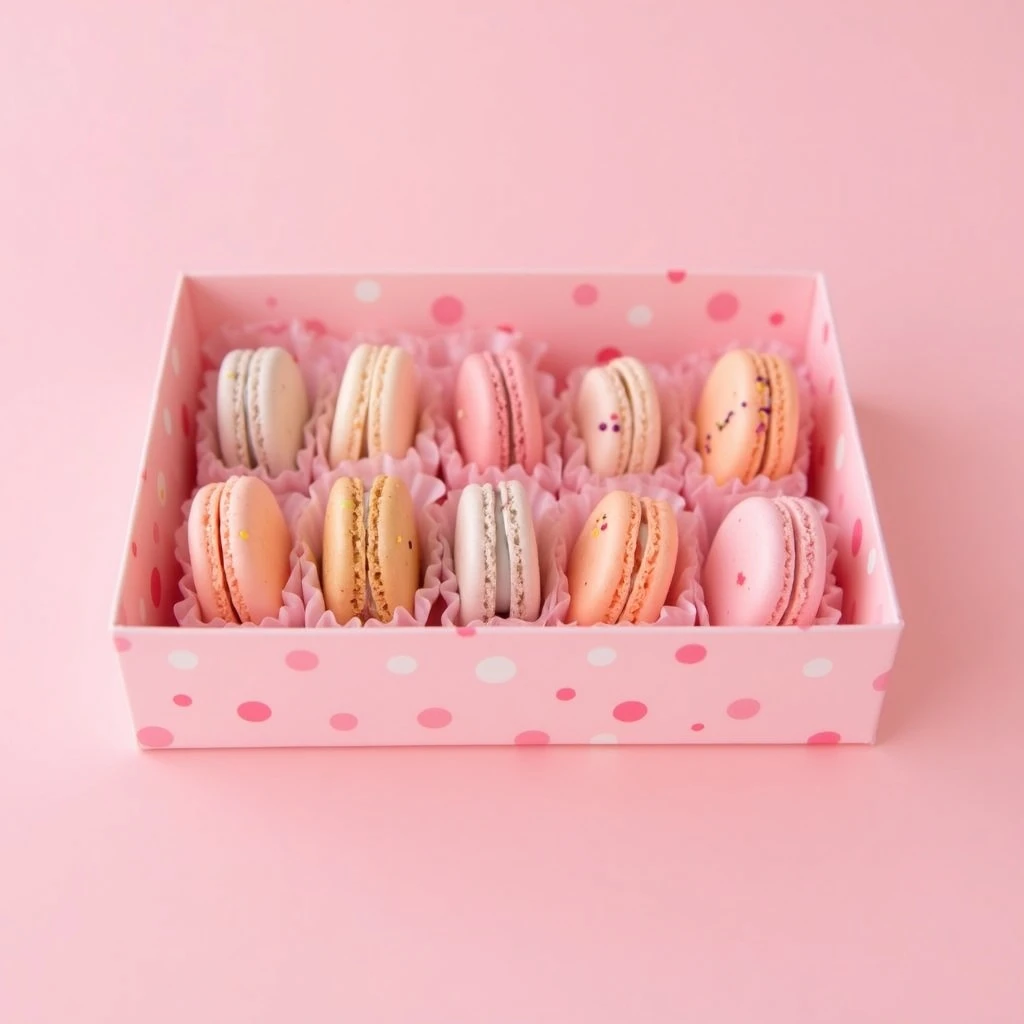 a box of assorted pink and cream macarons, some with sprinkles and stripes, on a soft pink background with polka dots emoji