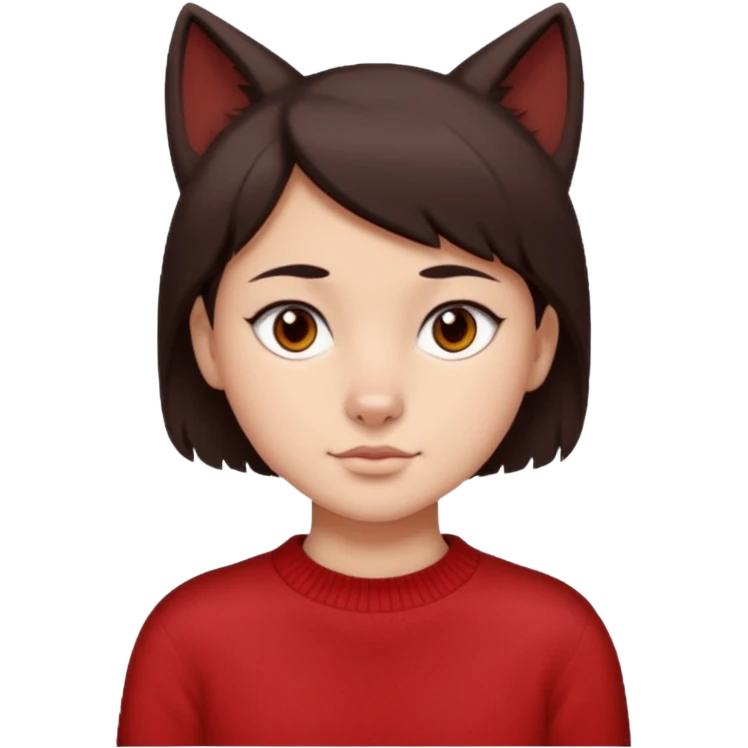 make a girl that has a boyish wolf cut thats right above the shoulders, give her a red sweater and make her face just right chubby but slso not too chubby. ( make it a white background and make the hair dark brown and also the eyes dark brown ) emoji