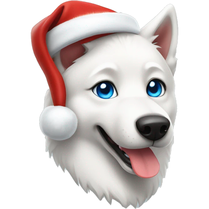 White husky with blue eyes wearing red Santa hat emoji