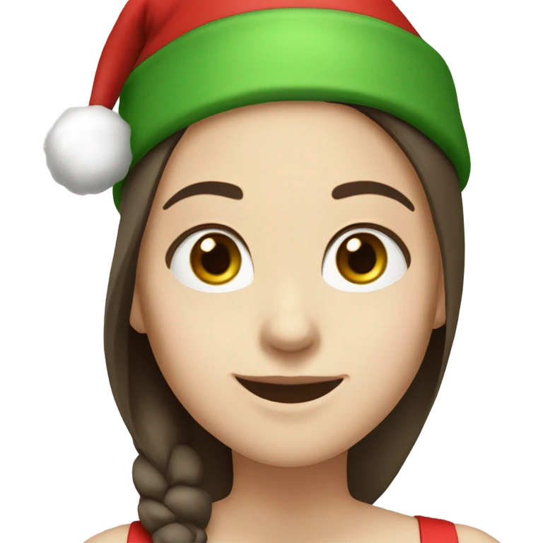 White skinned girl with green eyes and long dark brown straight hair with a Santa hat on smiling emoji