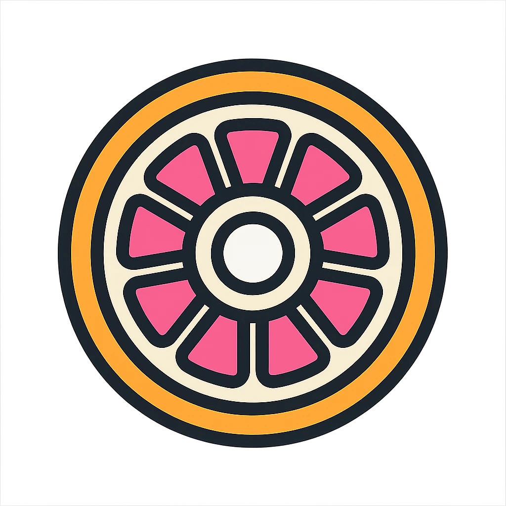 Increase the size of the center circle so it is large enough to represent a 608 bearing for a fidget spinner. Keep the grapefruit design with orange peel and pink inside, circular shape, medium black border, white background inside the circle, transparent outside, no sky or outdoor elements, color outline icon style. emoji