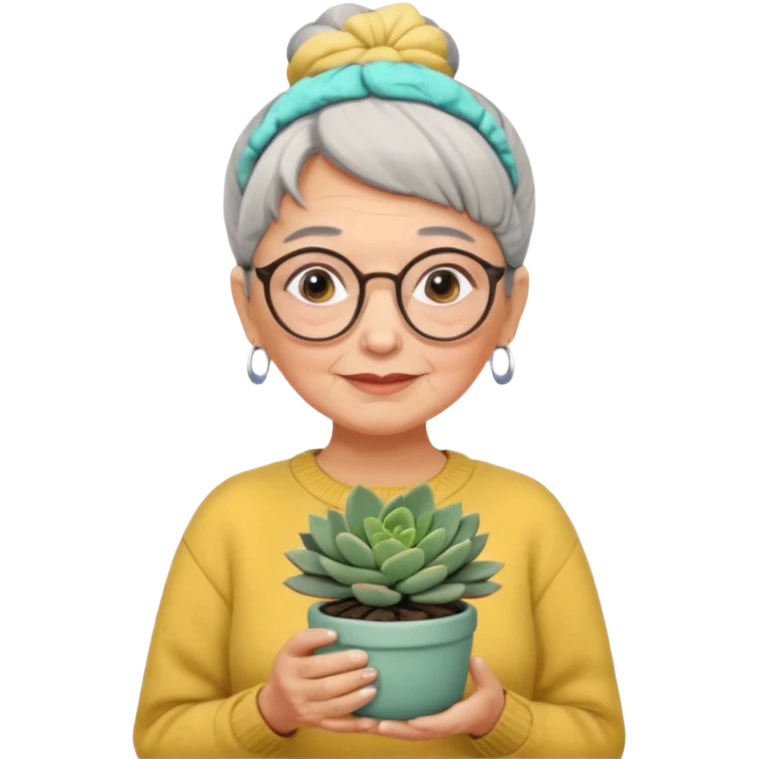 Abuela con cabello canoso en moño, expresión tierna, gafas redondas, suéter amarillo y detalles relacionados con plantas. Estilo amable y acogedor. emoji