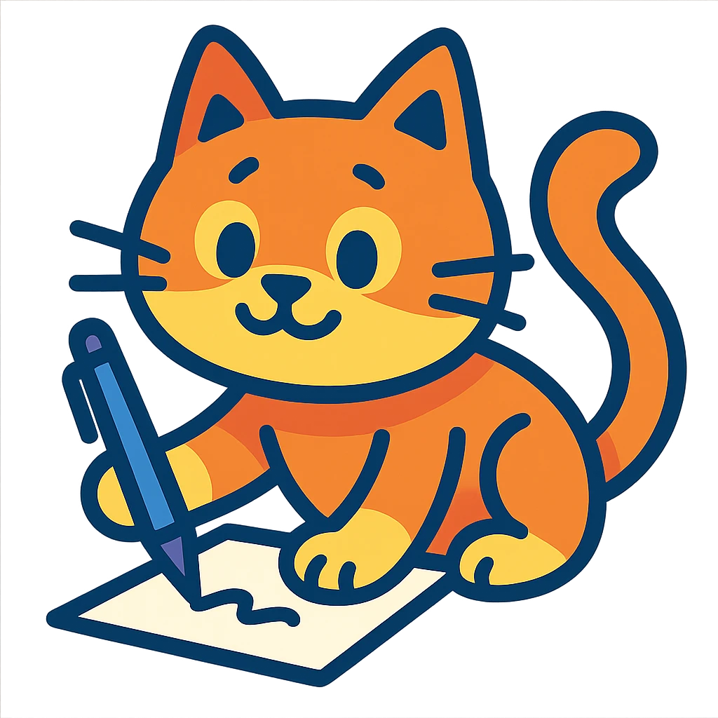 a cute cat writing with a pen, playful style, vibrant toon style emoji
