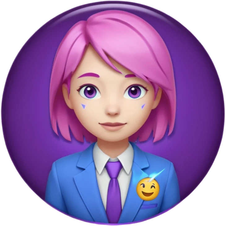Cute 3D emoji-style girl sexy character with pink hair and purple eyes, inside a circular badge. No hands, no pose. Clean purple suit with a glowing neon-blue ‘C’ logo on the chest, small lightning accent. Smooth Apple-style lighting, friendly expression emoji