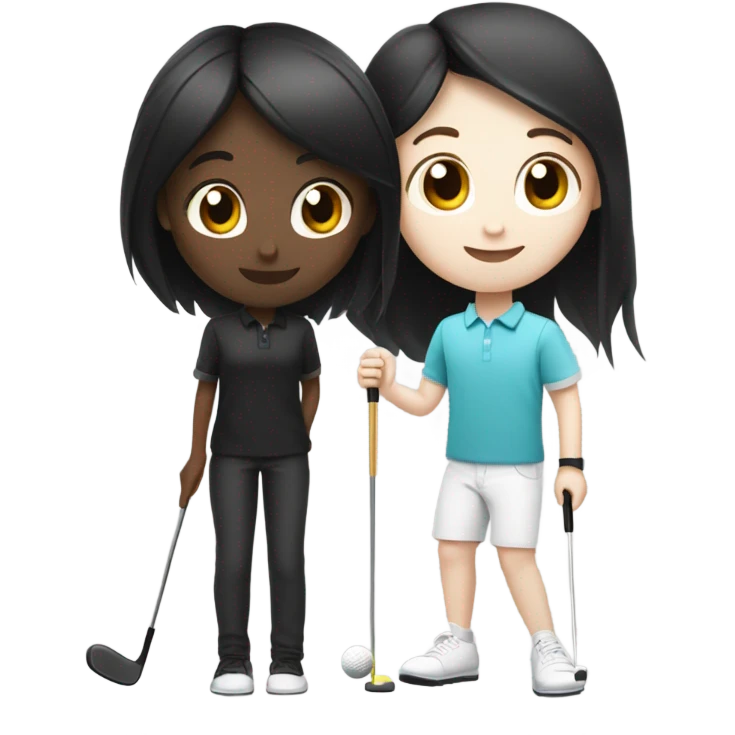 white skin black long hair girl and white skin black hair boy playing mini golf  emoji