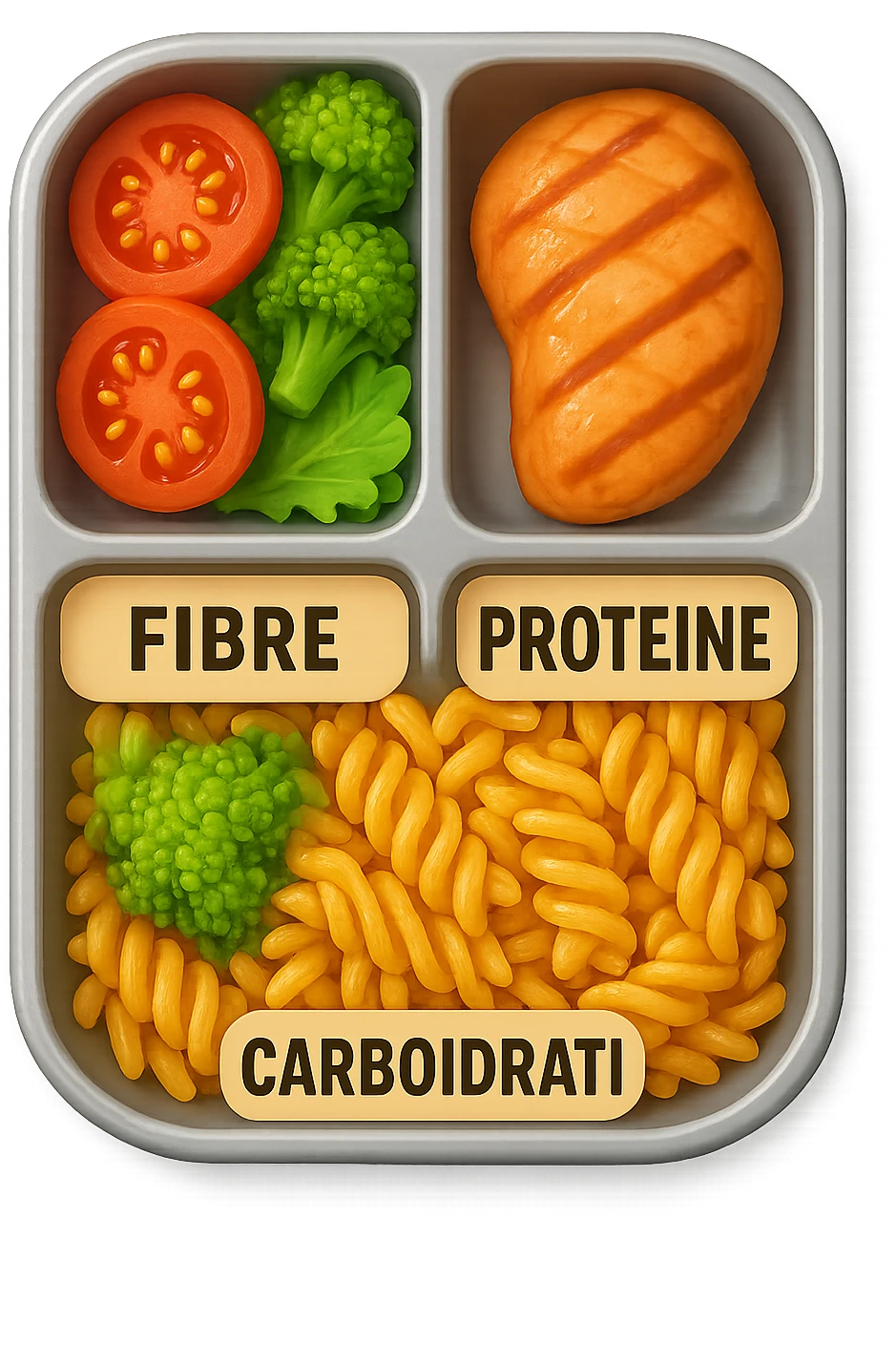 EMOJI STILE IPHONE DI una schiscetta vista dall'alto con 3 porzioni ben distinte: nelle porzioni scrivi le parole FIBRE, PROTEINE, CARBOIDRATI, iperrealistica 4k emoji