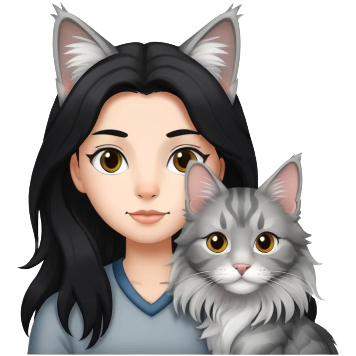 a silver based Maine Coon cat holding a black hair glasses girl emoji