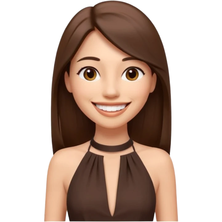 emoji-style illustration of a stylish pretty big smile woman with long straight brown hair, wearing a dark halter neck dress, elegant and minimalistic look, front-facing, soft 3D cartoon rendering, plain background emoji