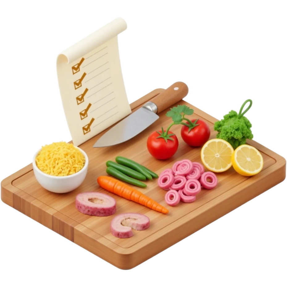 Ingredients on teh wooden cutting board with floating list with check box emoji