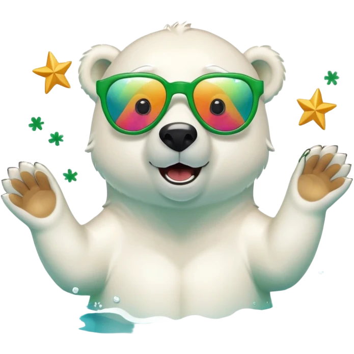 friendly anthropomorphised polar bear swimming freestyle, excited expression, wearing large multicolored star-shaped glasses, no St. Patrick's Day outfit emoji