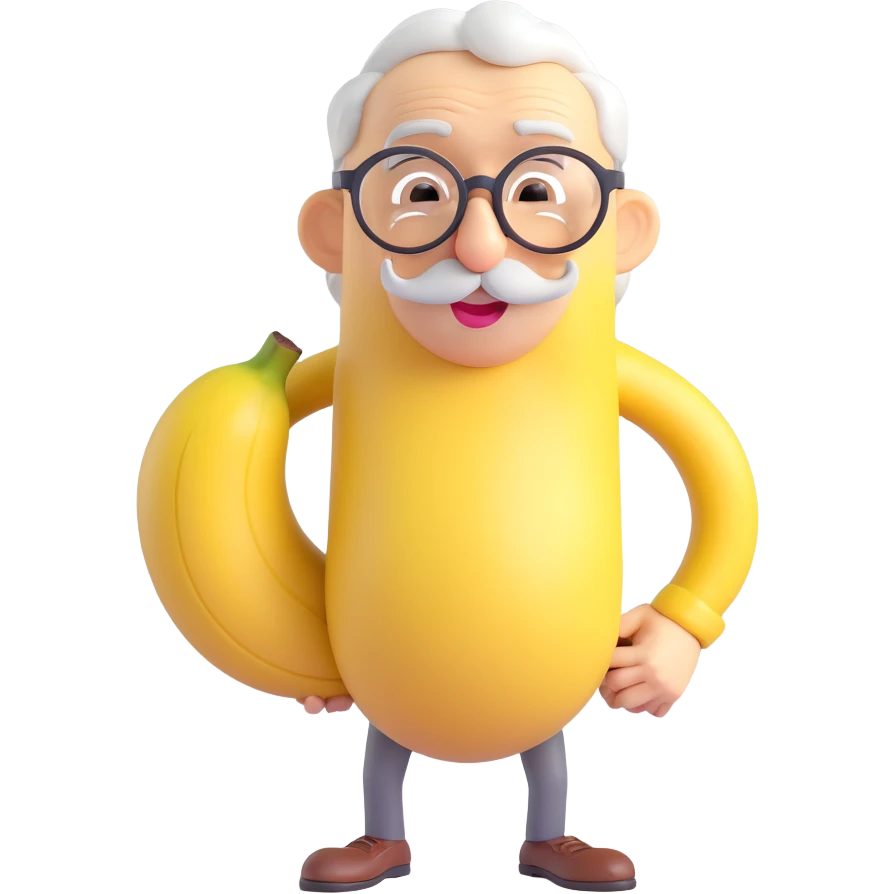 elderly banana with hunched posture, gray mustache, spectacles, soft smile, simple background emoji