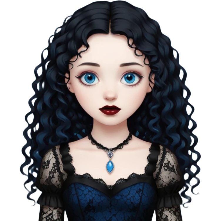 A girl with a dark red goth vampire look in a black goth lace dress with long sleeves longer black curly hair emoji