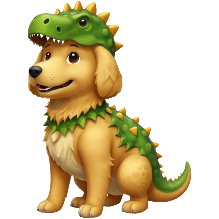 a golden retriever with a dinosaur costume emoji