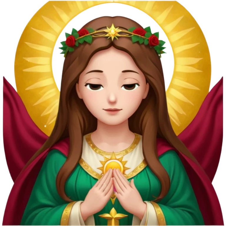 Virgin Mary, gentle face looking down left, long brown hair, emerald green robe with gold stars, burgundy dress, hands in blessing, halo, big sun behind, colorful roses on the sides emoji