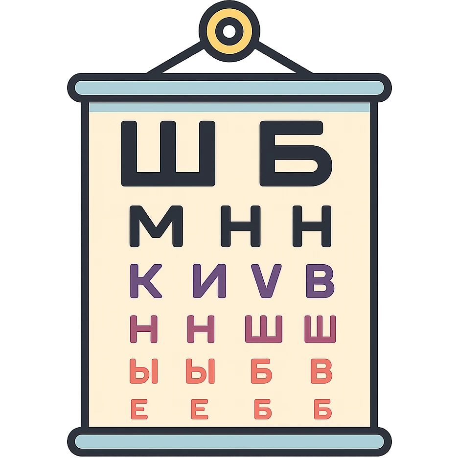 Sivtsev eye chart (Russian vision test chart) full illustration with recognizable rows of Cyrillic letters hanging on a loop, vector icon style with thin clean outlines, detailed shading, shadows and highlights, soft rounded features, pastel palette #98B5BC #B5B3C1 #C9A3C9 #E4C0CA #F7DCD1 #F7C0AA, Japanese pop art, sticker look, highly detailed, transparent background emoji