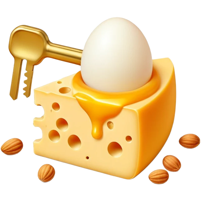 Ethereal vitamin K2 appearing as a golden key floating among pieces of aged cheese, egg yolk, and fermented natto. The key directs glowing calcium particles toward a single bone with a bright golden deposition point, illustrating K2's targeted calcium-directing function. emoji